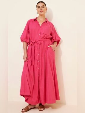 Anthropologie Maeve The Mona Linen Shirt Dress Raspberry Pink Size 1X